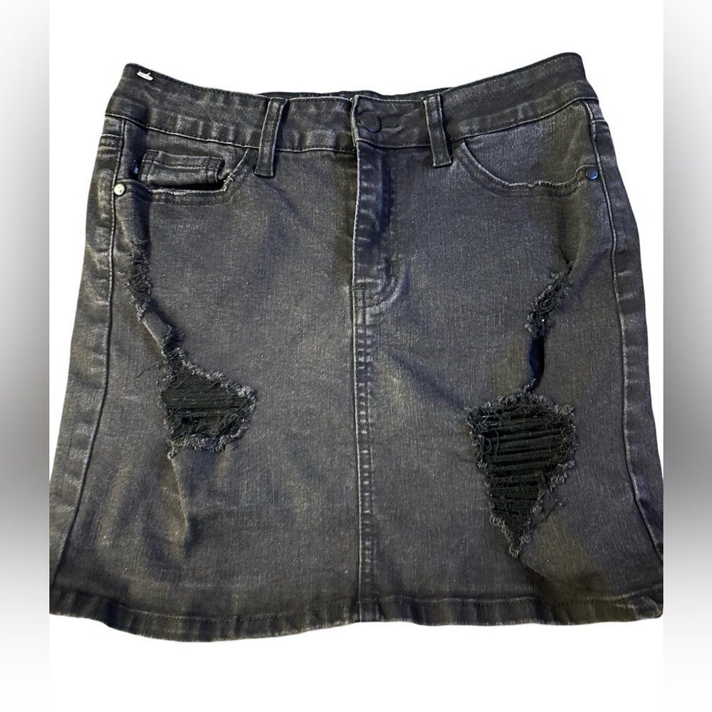 Judy Blue Distressed Black Denim Skirt in size medium .